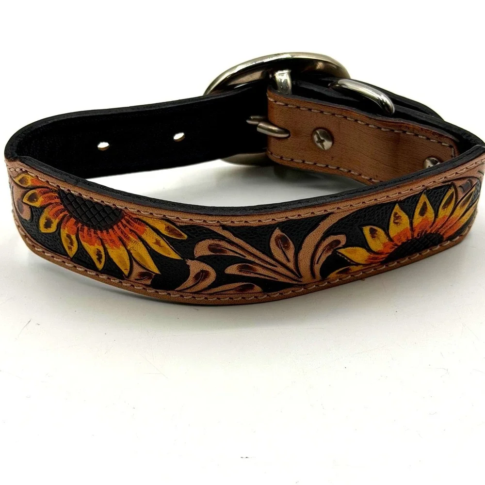 Myra Bag Zoomper Sunflower Hand Tooled Leather Dog Collar Small Black Tan